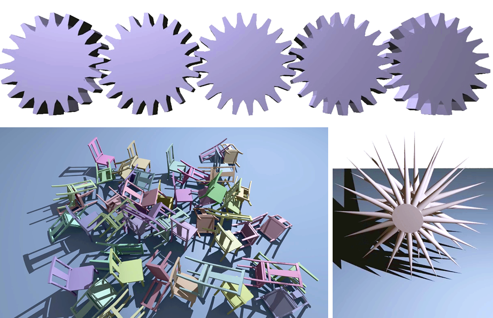 Spinning gears, a pile of chairs and a spiky wheel
