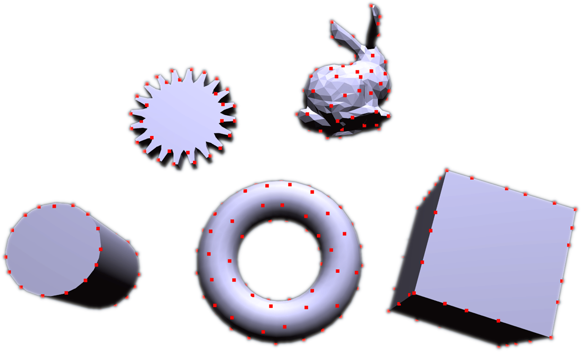 High curvature seed points on a gear, a bunny, a cylinder, a torus and a box