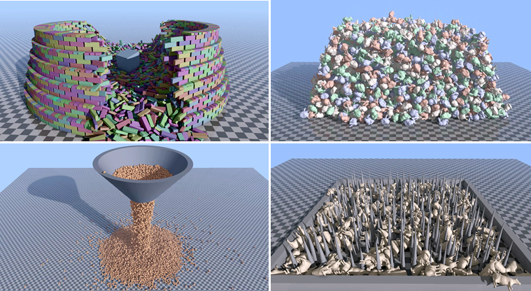 Four large scenes simulated with the method: a collapsing colosseum of boxes, a pile of bunnies, a funnel pouring cylinders and cows on a bed of spikes
